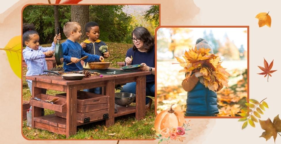 Children playing in the fall with the nature to play outfdoor kitchen set.