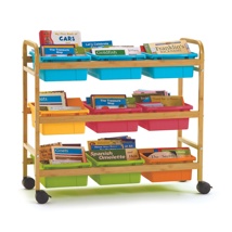 Bamboo Book Browser Cart with Vibrant Tubs