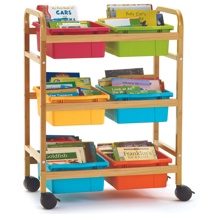 Small Bamboo Book Browser Cart with Vibrant Tubs