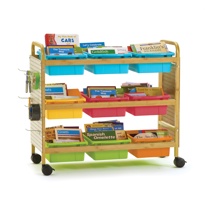 Bamboo Book Browser Cart with 9 Vibrant Tubs & Pegboard Kit