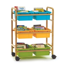 Small Bamboo Book Browser Cart with Vibrant Cool Tubs