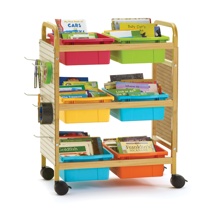 Small Bamboo Book Browser Cart with 6 Vibrant Tubs & Pegboard Kit